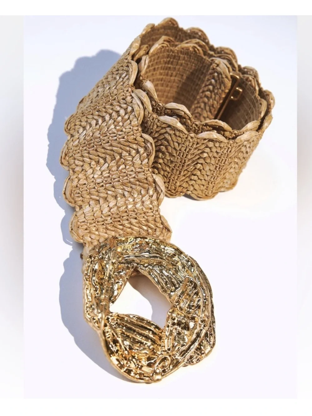 Zara NWT Metallic Gold Woven stretch Waist Belt Textured Round Buckle -size 30